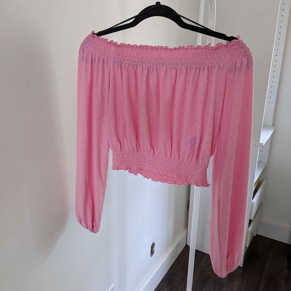 Flamingo Pink Off the Shoulder Long Sleeve Shirt - Picture 2 of 4